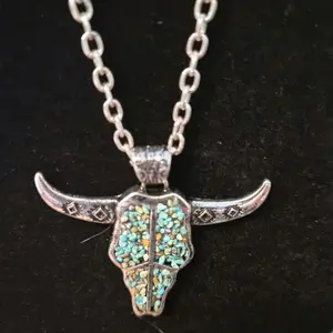 Bull Head Necklace NWOT Bold Statement Pc. Zinc Alloy Western Inspired Cowgirl Turquoise