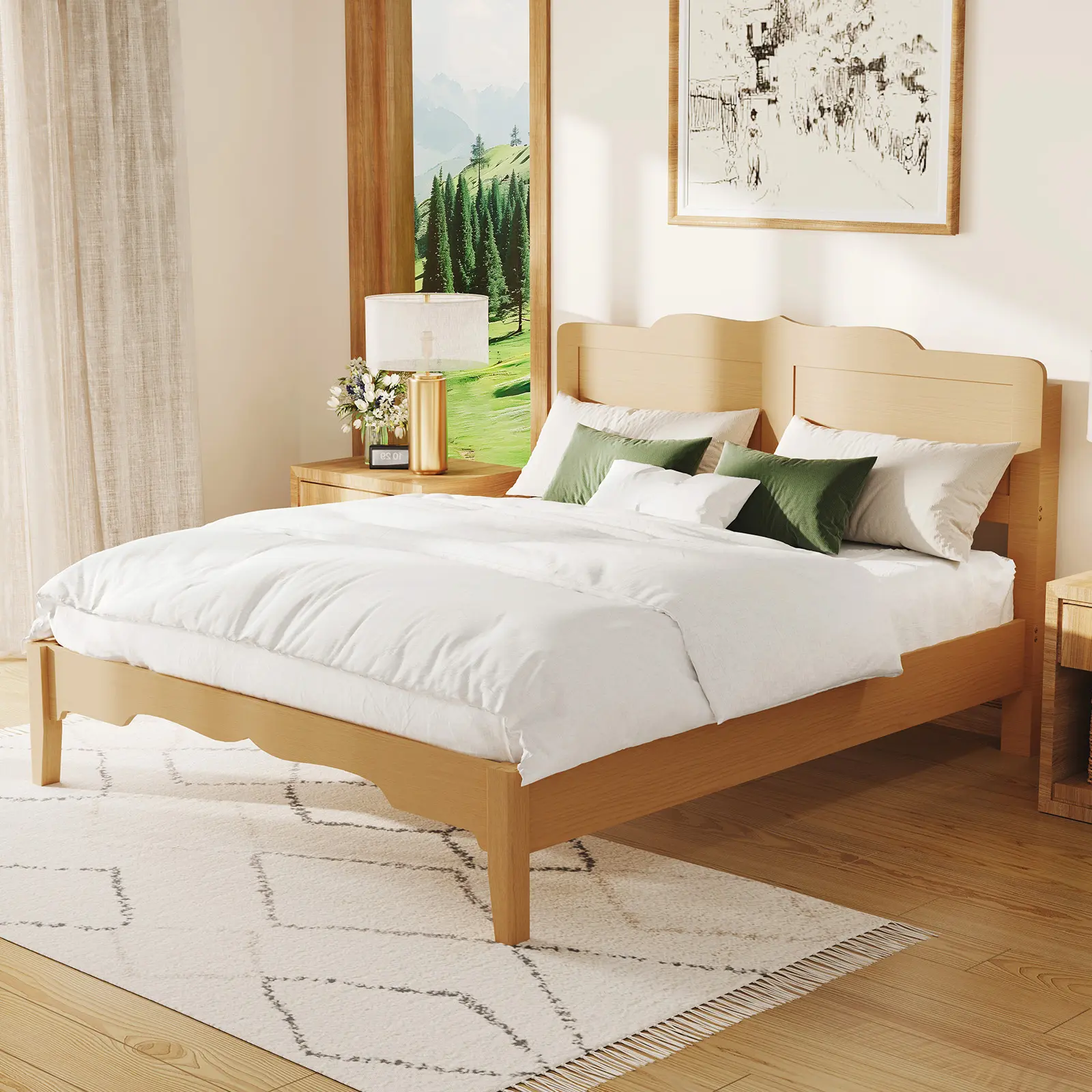 [Summer Sale Deals] Belffin Queen Size Bed Frame and 47'' Headboard, Wooden Japanese Platform Bed with Wood Slats, Modern Bed Frame with Storage&Charging Station, Easy Assembly, Noise Free, Natural