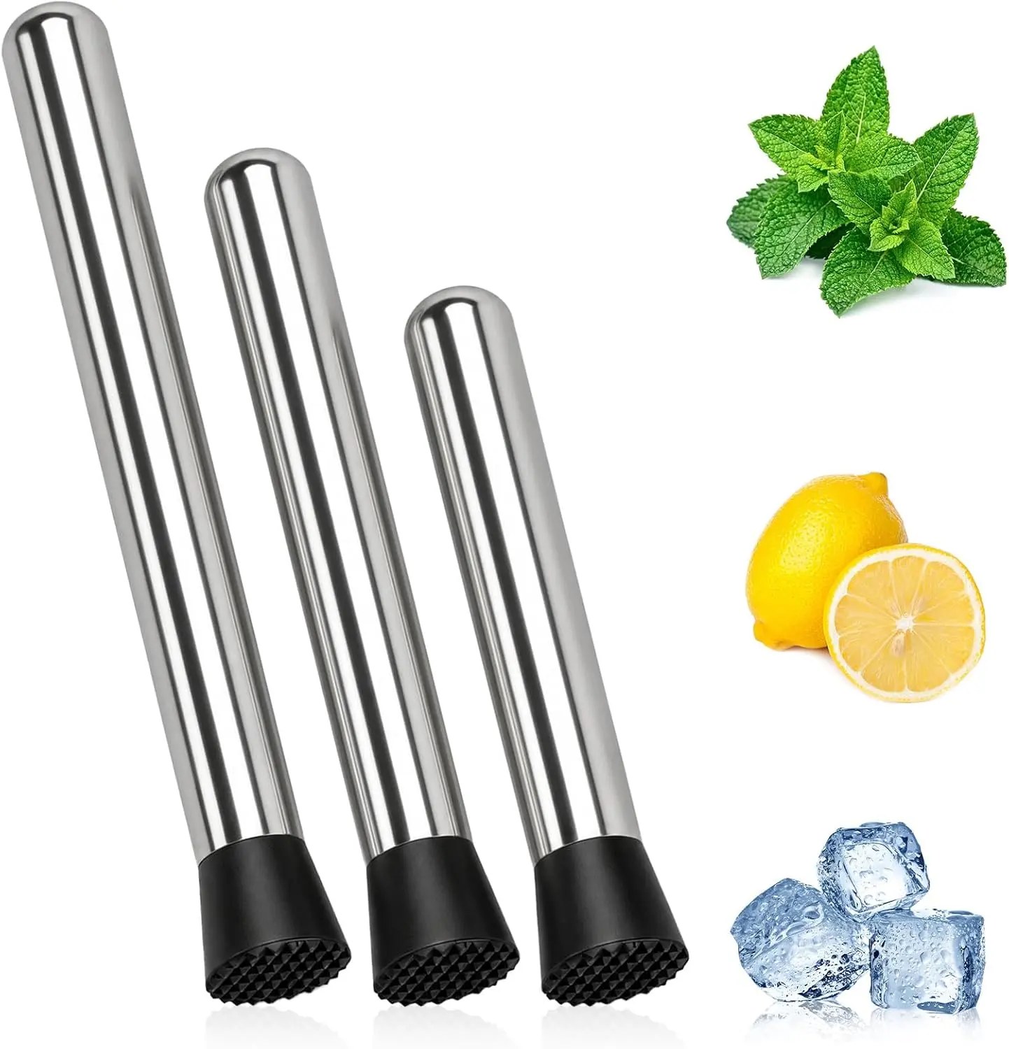 Stainless Steel Cocktail Muddler Set (4-Pack, 8in-10in-12in Sizes) - Bar Utensils for Mojitos, Fruit Drinks, Party & Lemonade Stand Supplies