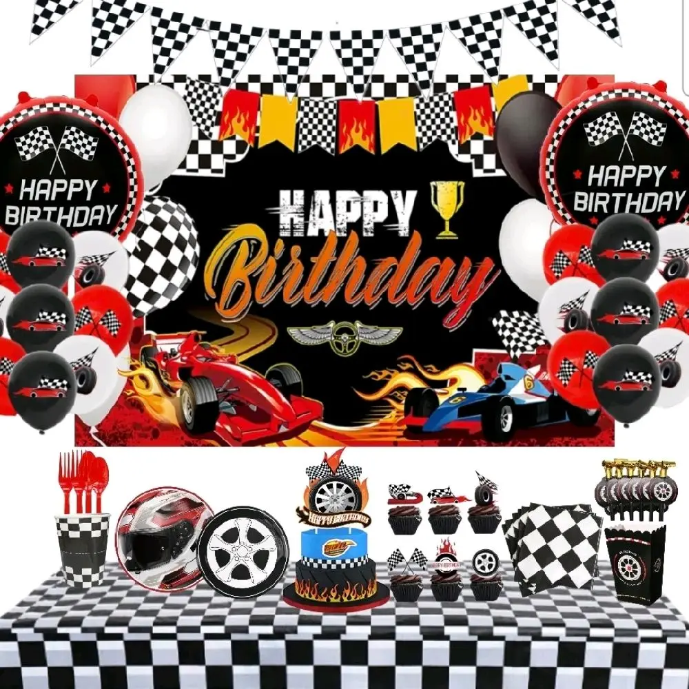 Boys' Race Car Theme Birthday Party Set, 130-Piece Racing Decorations & Tableware Kit with Banner, Festive Party Supplies Gifts