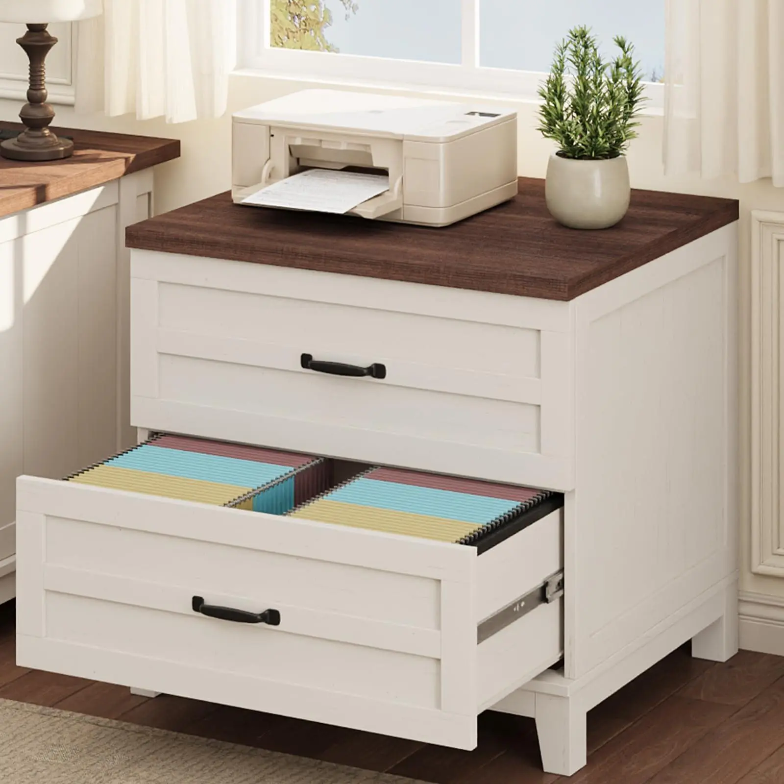 Lateral File Cabinet with 2 Deeper Drawers, Farmhouse Wooden Large Filing Storage Cabinet w/Hanging for Legal/Letter/A4 Size, Thick Tabletop, Sturdy Frame, for Home Office, White & Retro Brown