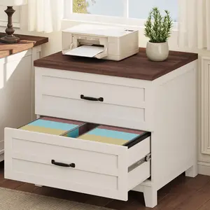 Lateral File Cabinet with 2 Deeper Drawers, Farmhouse Wooden Large Filing Storage Cabinet w/Hanging for Legal/Letter/A4 Size, Thick Tabletop, Sturdy Frame, for Home Office, White & Retro Brown