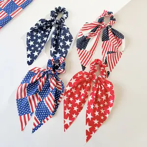 4PCS 4th of July Scarf Scrunchies, Patriotic Red White Blue Star Striped Hair Scarves, USA Flag Bow Scrunchies for Women Girls, Independence Day, Memorial Day Party Favors