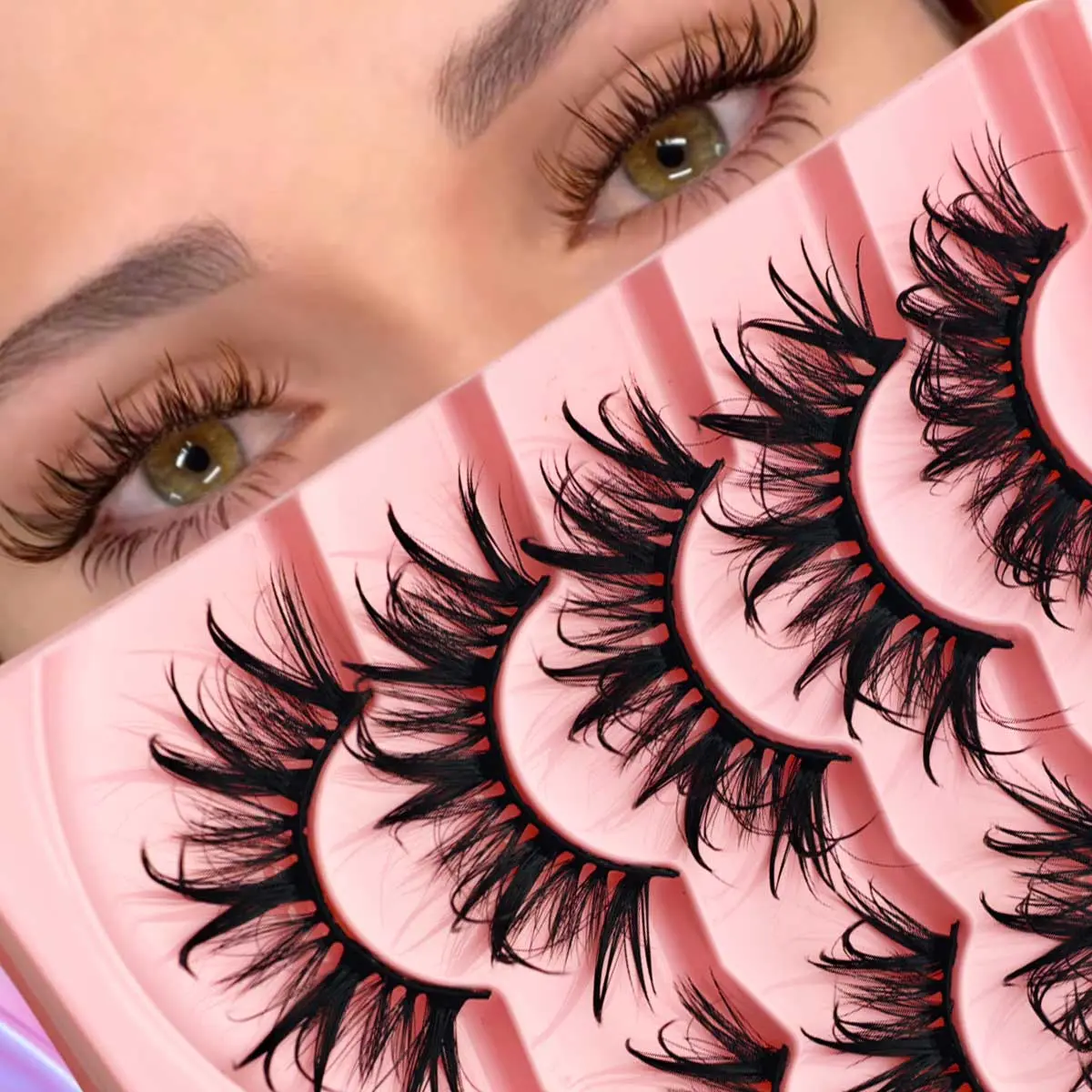 5 Pairs Wet Look Faux Mink Cosmetic False Eyelashes, Natural Curl, Thick Long Fluffy, Fairy Cat Style, Feline Lash Look, for Holiday Events, Costume Parties, High Quality Fashion Eyelashes