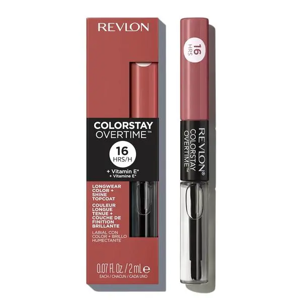 Revlon ColorStay Overtime Lipcolor, 350 Bare Maximum, 0.07 fl oz | Dual-ended liquid lipstick with clear lip gloss. Moisturizing ingredients. Won't smudge, bleed or feather.
