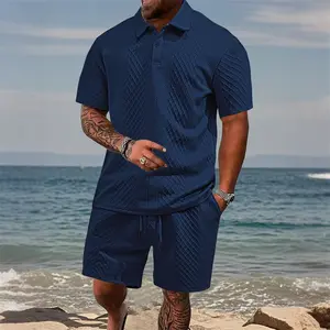 Trending Men’s Polo & Shorts Set, Jacquard Texture Summer Outfit, Lightweight Breathable Sport Set, Streetwear Matching Set