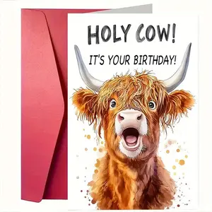 Funny Highland Cow Birthday Greeting Card with Envelope, Christmas Animal Print Design, Perfect Gift for Family Friends Colleagues