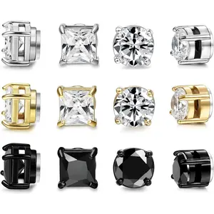 FIBO STEEL 6 Pairs Magnetic Stud Earrings for Men Women Stainless Steel CZ Unisex Magnet Earrings Set Hypoallergenic Non-Piercing Clip On Earrings Fake Earrings Jewelry Silver Gold Black 5-8MM