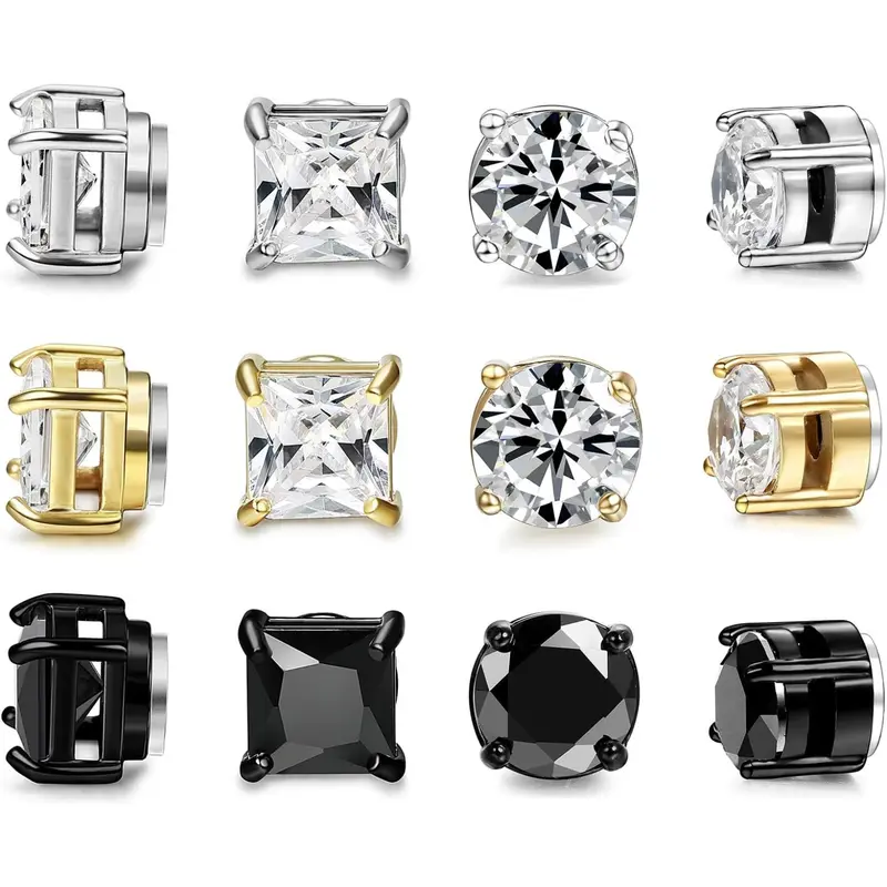 FIBO STEEL 6 Pairs Magnetic Stud Earrings for Men Women Stainless Steel CZ Unisex Magnet Earrings Set Hypoallergenic Non Piercing Clip On Earrings Fake Earrings Jewelry Silver Gold Black 5 8MM Spring Statements