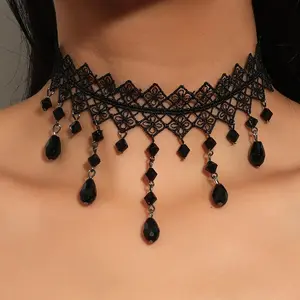 Elegant Black Lace Long Choker with Water Drop Pendant - Daily Wear, Wedding Accessory, Costume Jewelry Necklace