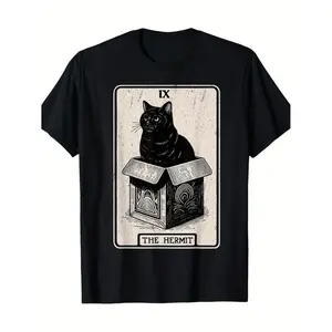 100% Cotton Mystic Cat In Box Hermit Tarot Card Design 100 Cotton 220g Funny T-Shirt trendy t-shirts