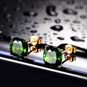 Gold Plated Rhinestone Square Studs with Green Tourmaline Gemstones, Elegant Square Crystal Thin Needle Four-Claw Earrings, Single Diamond Simple Small Accessories E50039-EH