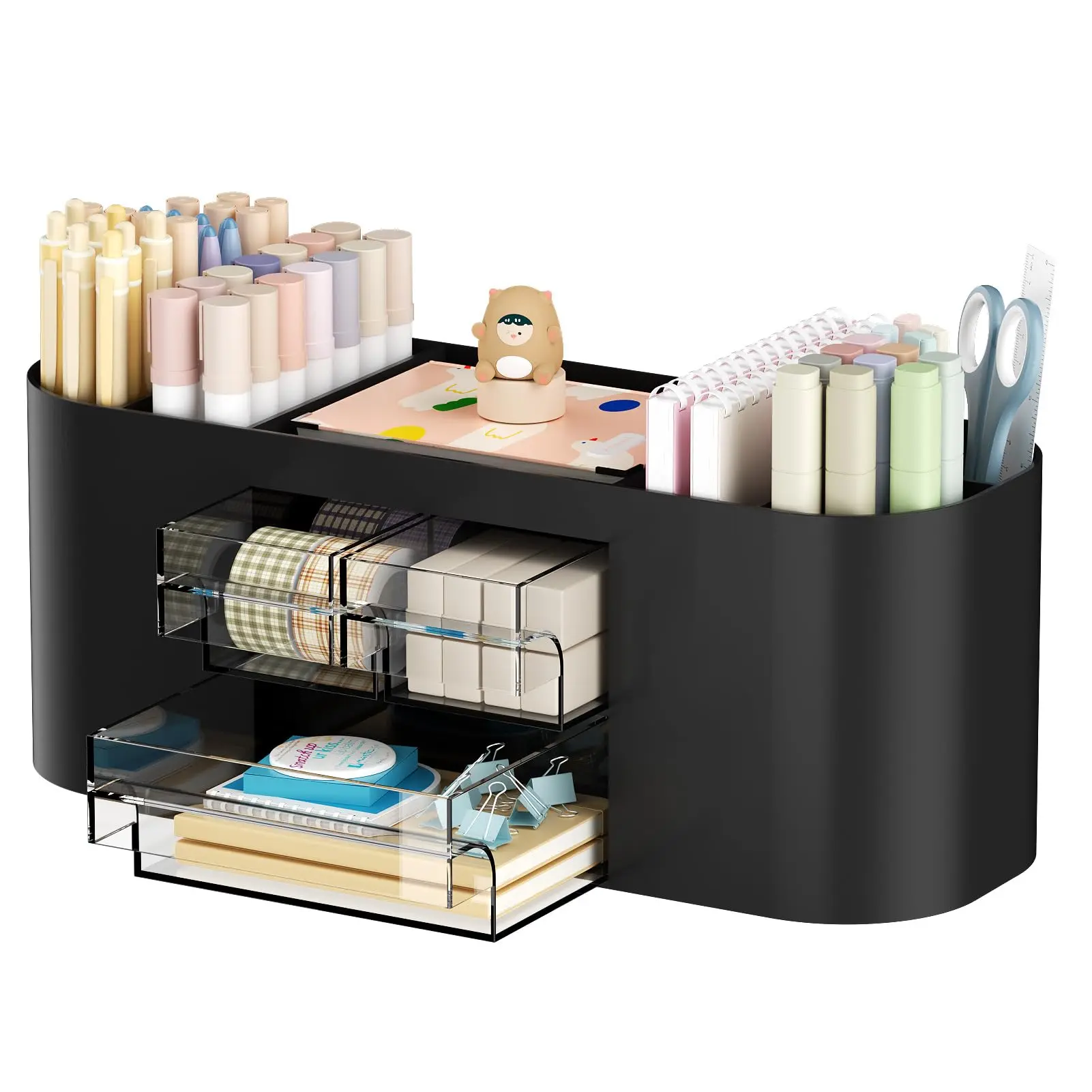 Desk Organizer Pen Holder with 3 Drawers, Multi-Functional Pencil Holder,Desk Organizers and Accessories with 7 Compartments for Home, School, Classroom (Black)