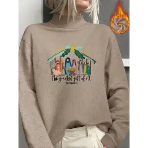 Women’s Christmas-print high-neck sweater, a casual, fashionable, and elegant knit for autumn and winter commuting—warm pullover sweater