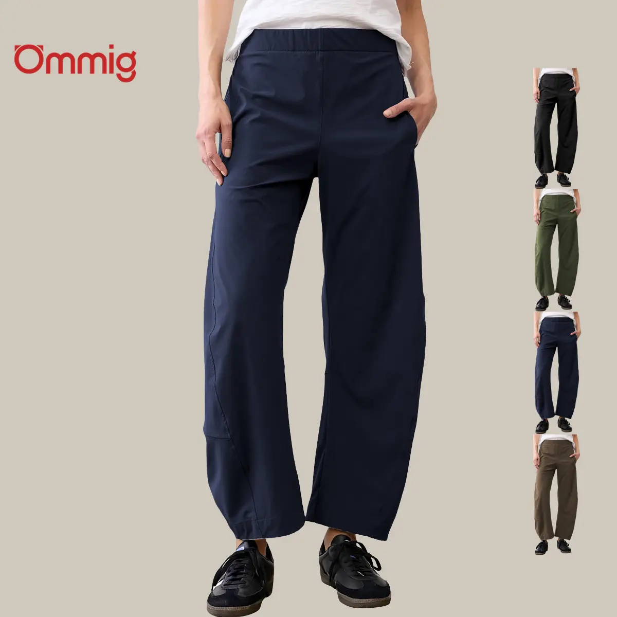 Ommig Women's Nylon Blend Mid Waist Korean Chic Barrel Travel Pants - Elastic Waistband, Tapered Cut, Soft Lightweight Wrinkle Resistant, Functional Side Pockets for Work Lounge Daily Casual