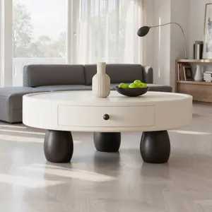 Viral Cream Round Storage Coffee Table with Drawer | 35.43 Inch Diameter × 13.39 Inch Height | Modern Minimalist Nordic Wabi-Sabi Black Drum Leg Center Table | Small Apartment Living Room Home Decor Furniture