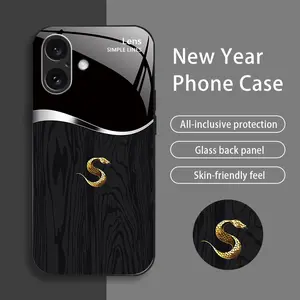 Suitable for [iPhone 16 Plus] New high-end creative auspicious wood grain snake mobile phone case New business simple tempered glass mobile phone case Affordable anti-fall and anti-fingerprint-888