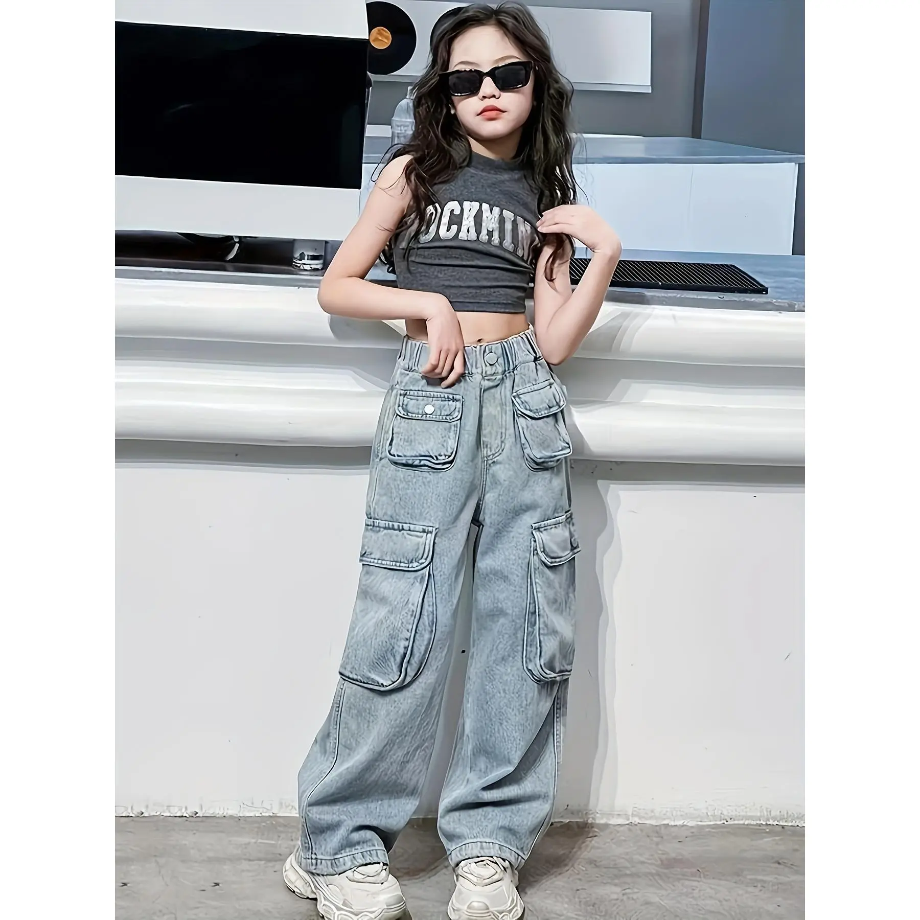 Lightweight Design |       Girls' Rock-Themed Light Wash Denim Cargo  with Flap Pockets - 100% Polyester, Non-Stretch, Machine Washable - Casual Style for Spring vibrant pants boyfriend jeans girls