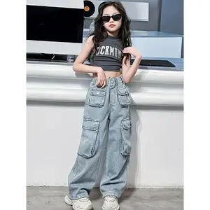 Lightweight Design |     Girls' Rock-Themed Light Wash Denim Cargo  with Flap Pockets - 100% Polyester, Non-Stretch, Machine Washable - Casual Style for Spring vibrant pants boyfriend jeans girls