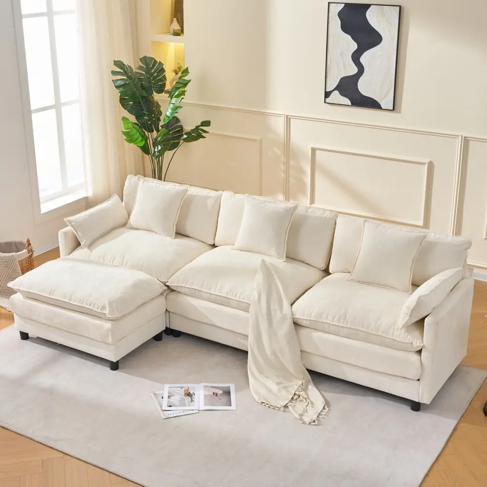 108" L-Shaped Modern Modular Cloud Couch - 4-Piece Chenille Fluffy Sectional Sofa with Extra-Deep Cushion, Ottoman, Pillow Arms, 160 lbs Sturdy, 108.00x32.30x32.70 in, Couches for Living Rooms Apartment Furniture