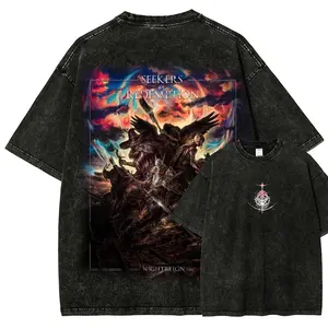 Vintage Washed Elden Ring Nightreign Oversized T-Shirt, Gothic Streetwear Black Graphic Tee, Seekers of Redemption Art Print Casual Cotton Short Sleeve for Men Women, Soulsborne Gamer Gift