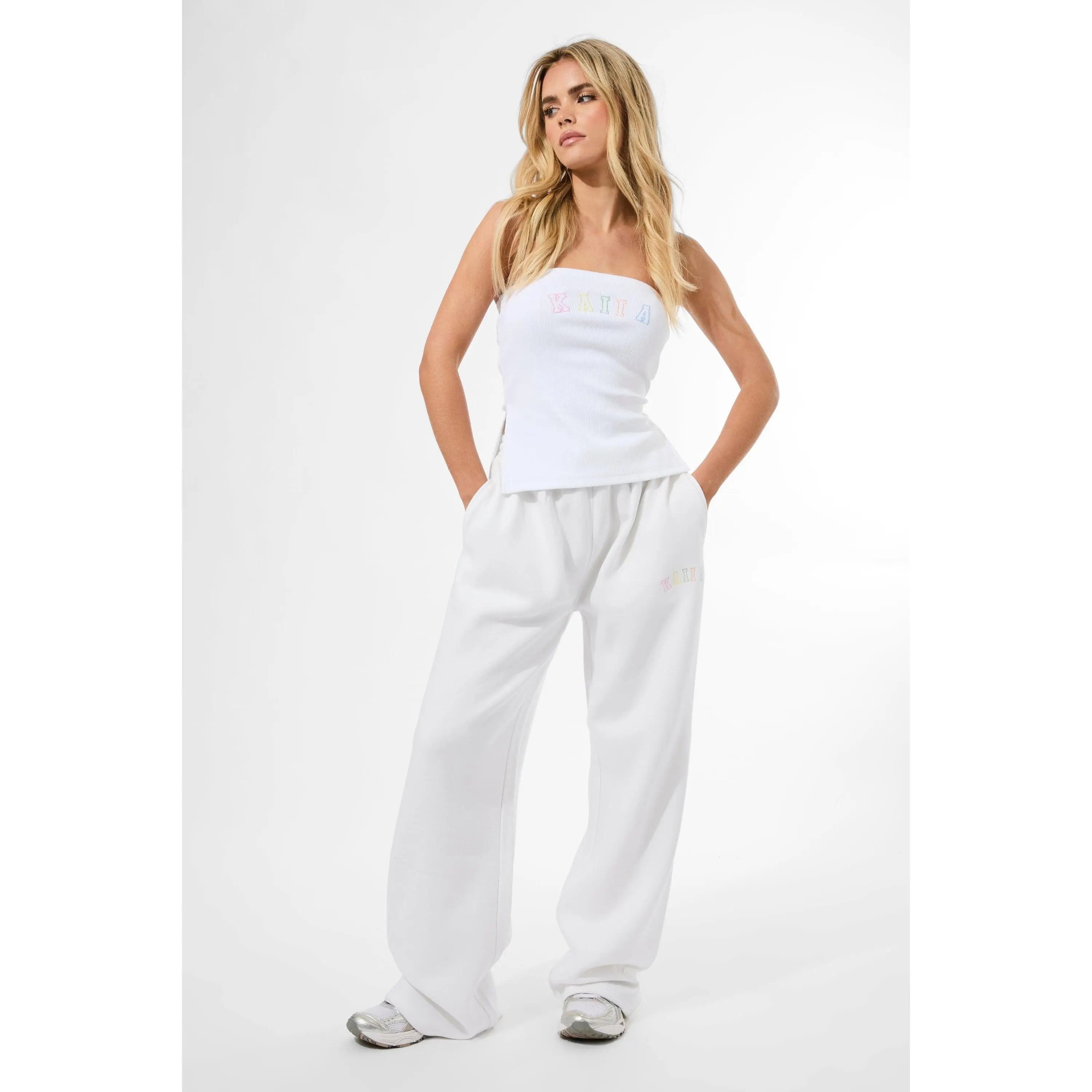 Kaiia Rainbow Logo Wide Leg Joggers White