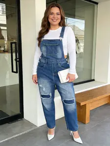 Plus Size Women's Fashion Washed Denim Overalls, Casual Loose Fit Bib Pants, All Seasons Wear, Perfect for Dates and Daily, Womenswear
