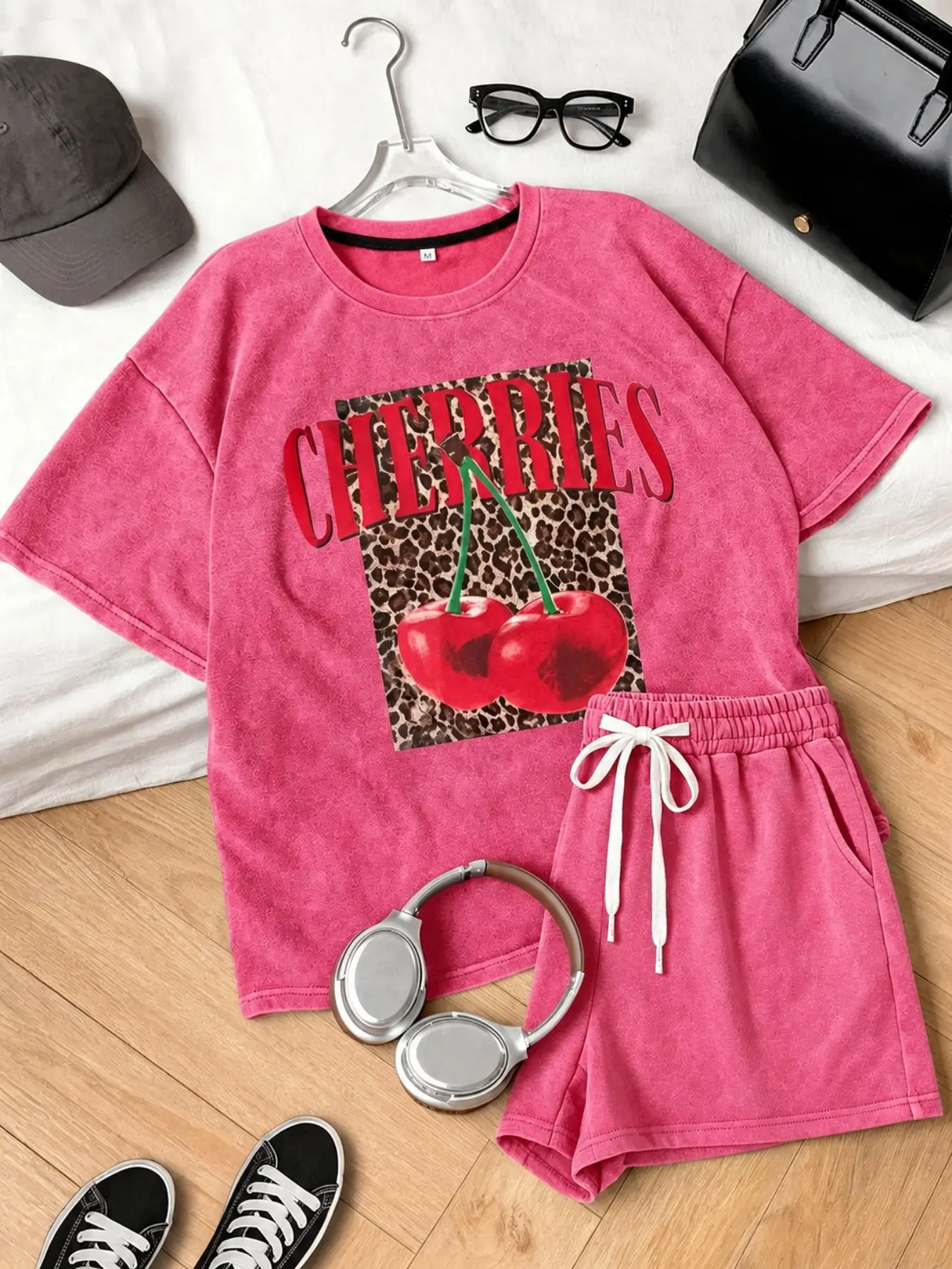 Women's Casual Set, Rose Short Sleeve Shorts, Sporty Style, Summer, Fitness Wear, Leopard Print, Youthful Campus Fashion