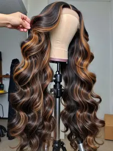 Human Hair Lace Front Wig with Ombre Color, Features 1b/30 Highlights and Wavy Style, 13x4 Wig with 200% Density for Natural Elegance