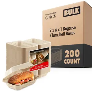 9 x 6 x 1 Bagasse Clamshell Boxes (200 Pack)