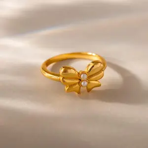 Bow Ring by Caitlyn Minimalist - 18K Gold Plated Pearl Ribbon Ring - Cute Statement Ring - Coquette Jewelry - Daughter Gift