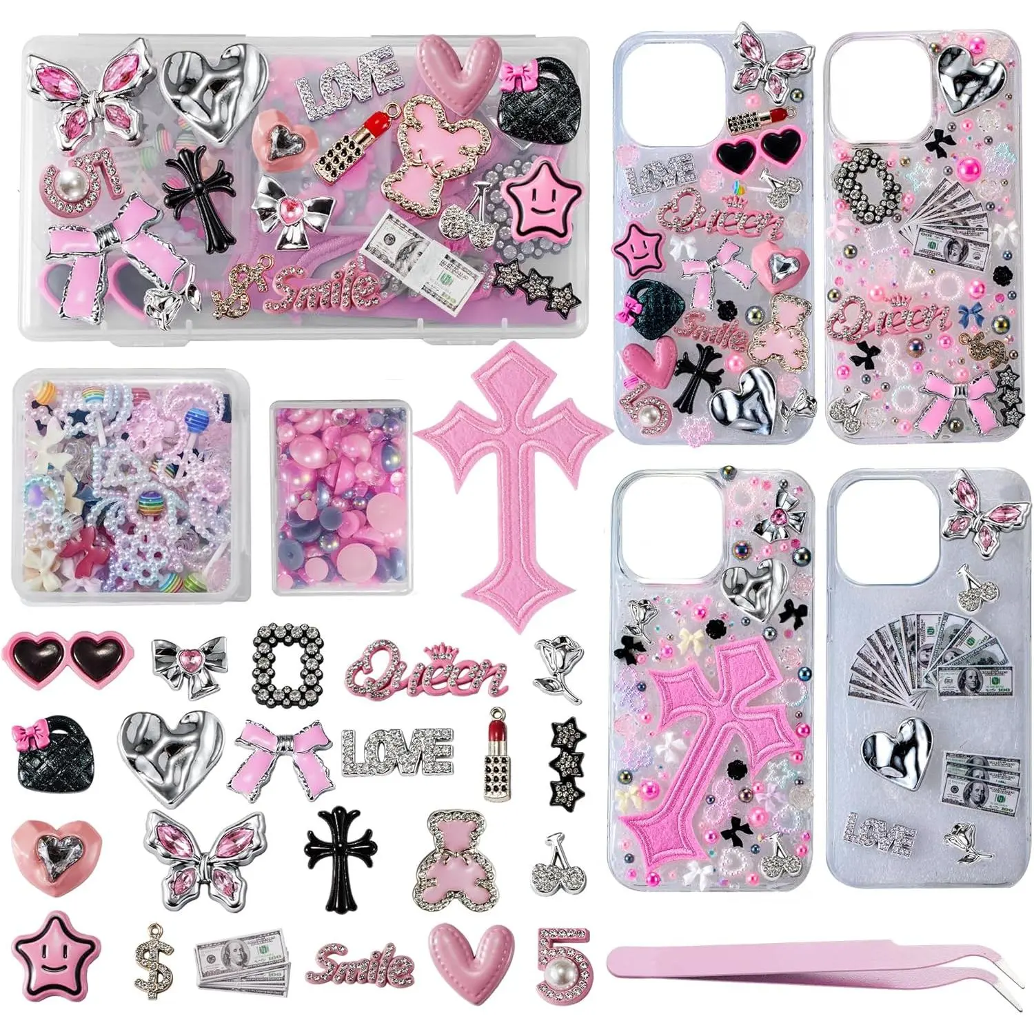 DIY Junk Case Kit with Big Nail Bow Pearl Flatback Resin Ornaments, Smartphone-Cellphone Cover Accessories with Rhinestones for Gaming Fans