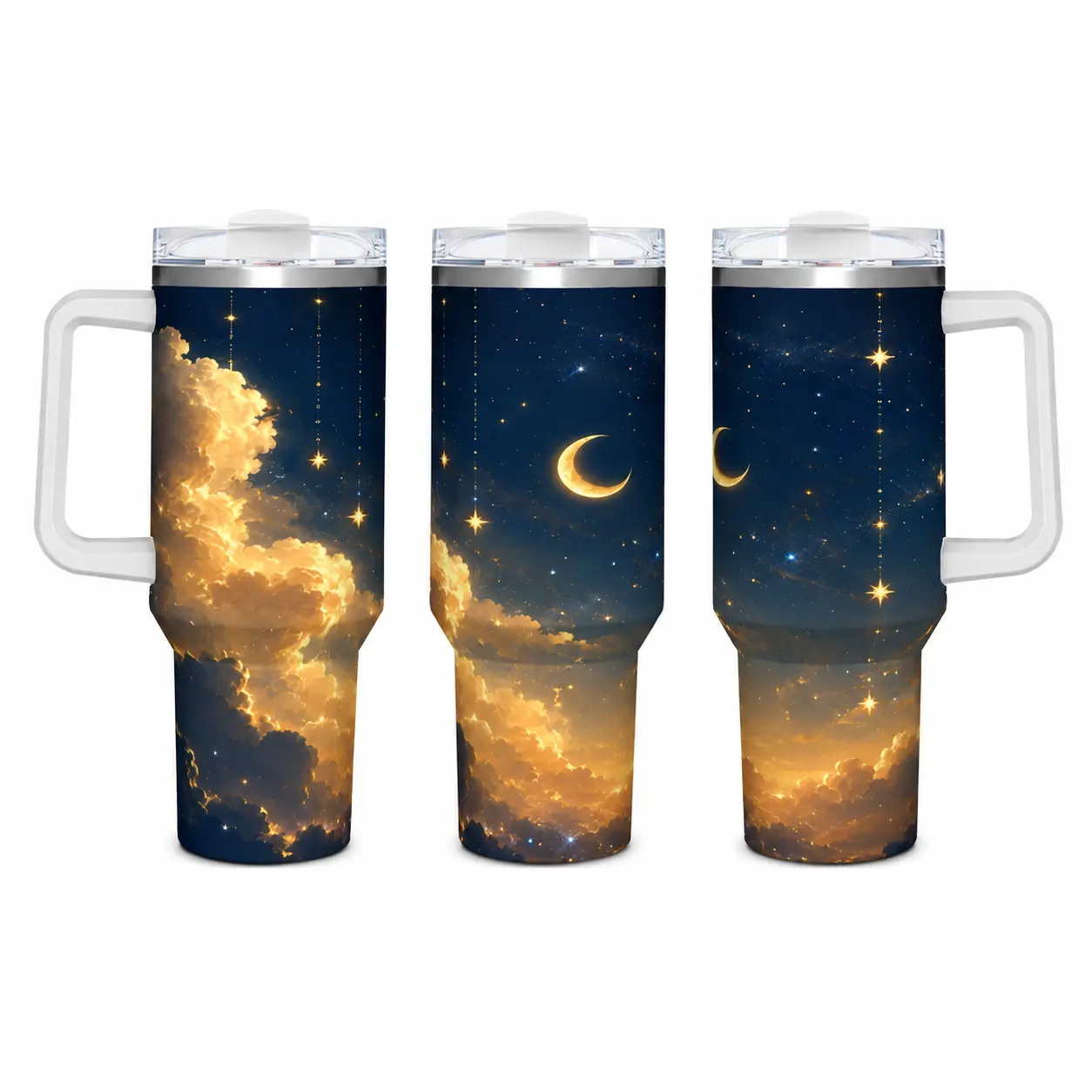 40oz Insulated Stainless Steel Tumbler - Dark Blue Night Sky, Golden Crescent Moon, Glowing Cloud Star Print, Handle, Spill-Proof Straw Lid, Double Wall Hot-Cold Retention, Celestial Travel Bottle for Stargazers, Birthday Gift