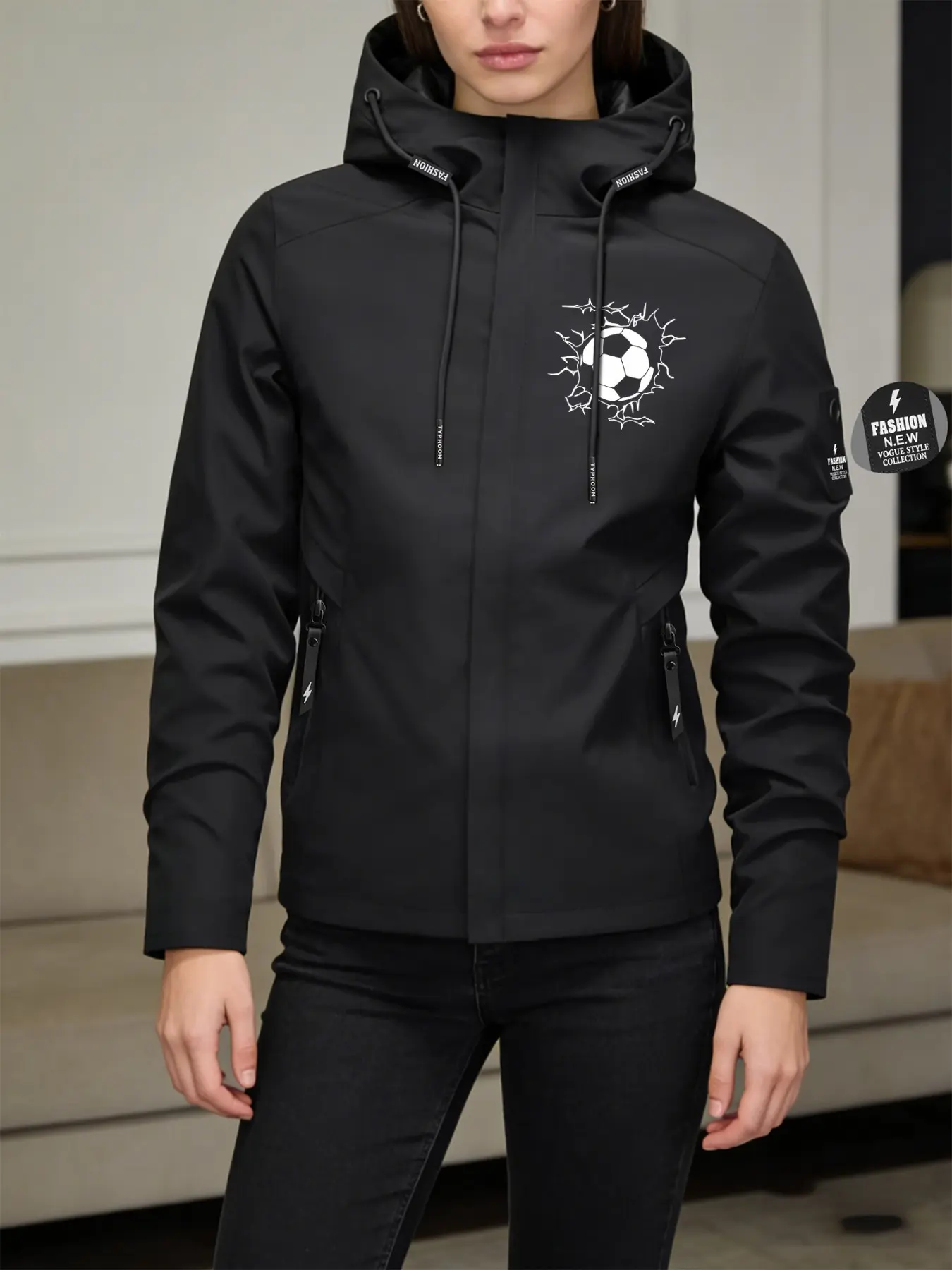 Women's Hooded Windbreaker Jacket Soccer Ball Breakthrough Print Outdoor Windproof Jacket Multi-Color Options Stand Collar Loose All-Season Warm Wind Coat Daily Commute Hiking Climbing Wear Comfortable Breathable Machine Washable