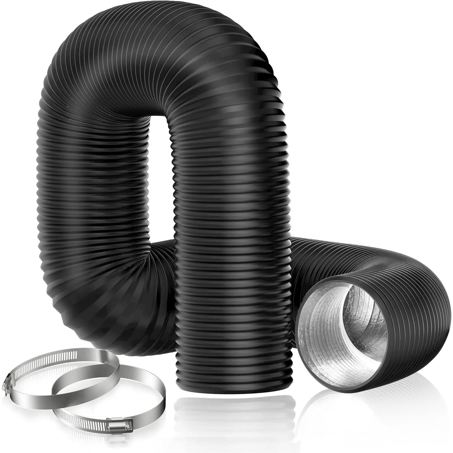 4" x 8FT Aluminum Foil Insulated Flexible Duct, Dryer Vent Hose for HVAC Ventilation and Duct Fan Systems, 2 Clamps Include.