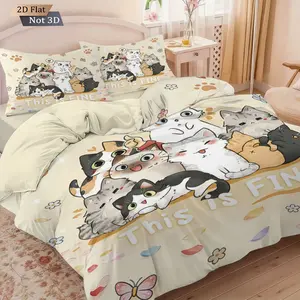 3pcs Cartoon Cat Theme Duvet Cover Set, 2D Flat Print, Includes 1 Duvet Cover & 2 Pillowcases, Excludes Duvet and Pillow Inserts, Soft Comfortable, Suitable for Bedrooms, Hotels, School Dormitories, Perfect Gift for Cat Lovers