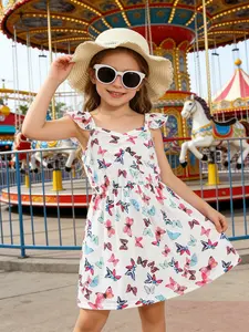 Girls' Knee-Length Dress, Butterfly Print, Casual Fitted Ditsy Floral Dress, Spring Summer Essential