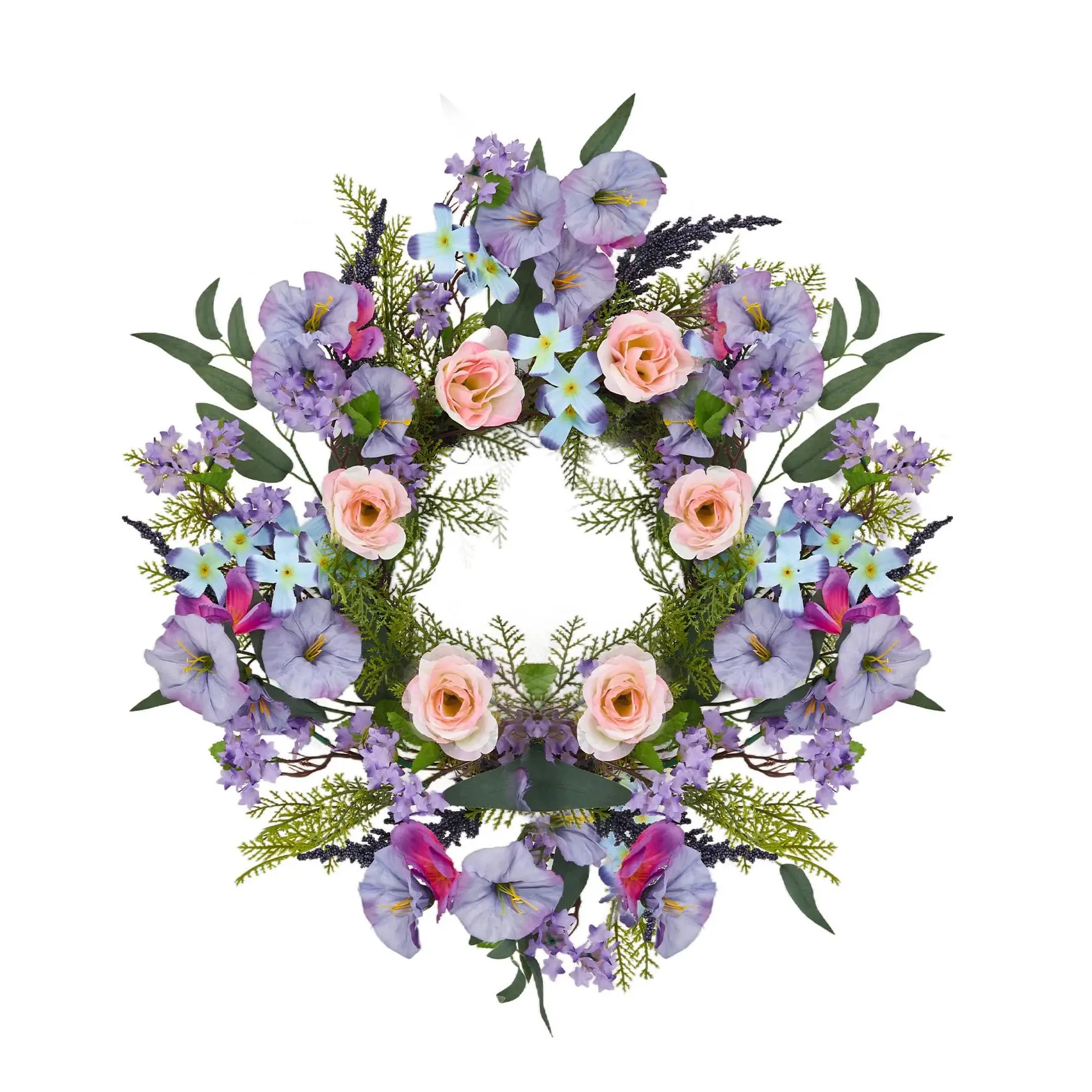 Garvee 20 Inch Artificial Trumpet Rose Wreath – Purple & Pink Spring Summer Fall Winter Door Decor – PVC+PE Farmhouse Wall Wreath for Indoor Outdoor Use – Lifelike Floral Design
