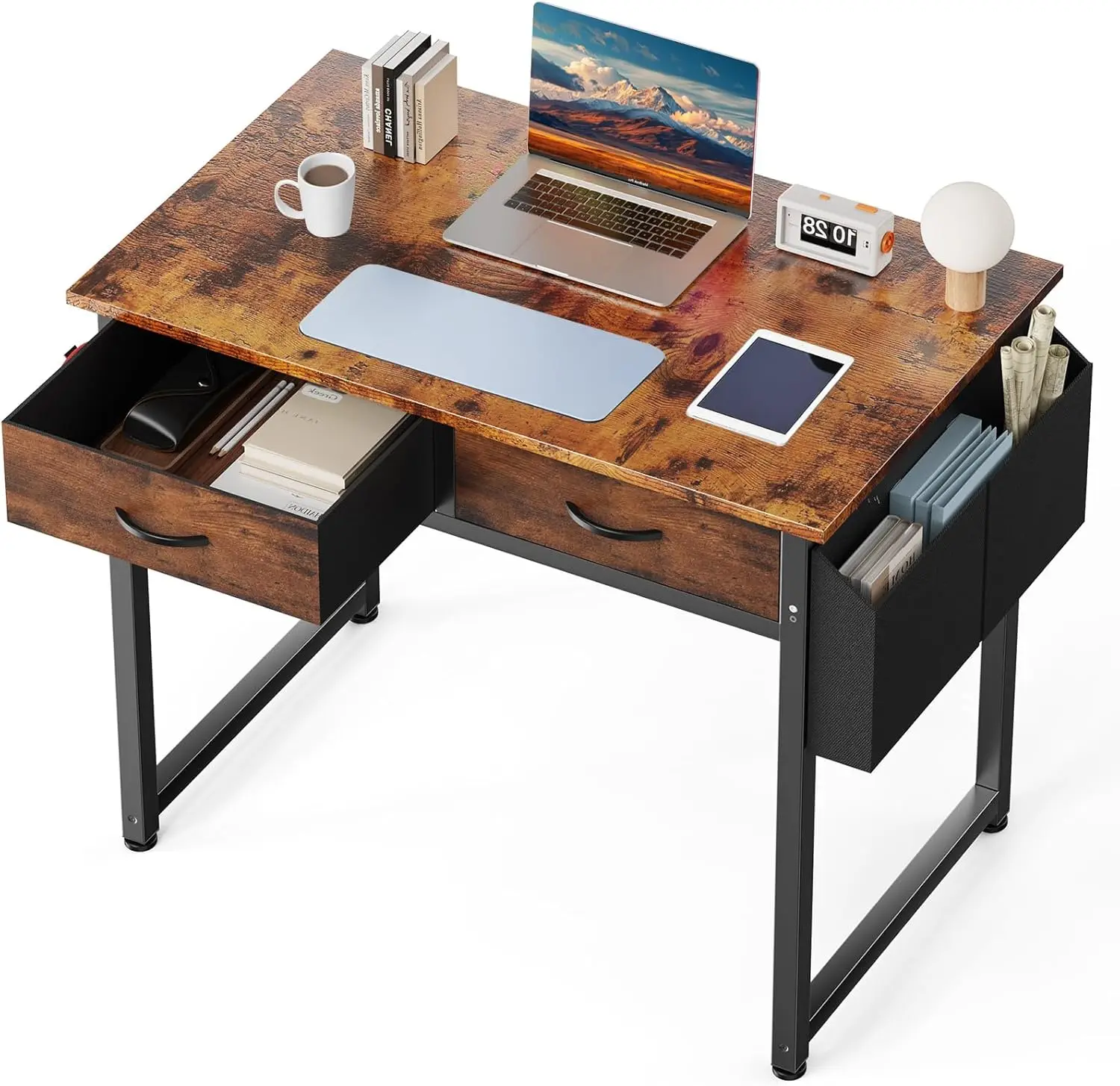 DUMOS 32" Home Office Computer Desk with Drawers, Small Gaming Writing Study Table with Storage Side Bag, Headphone Hook and Adjustable Feet for Bedroom Rustic Brown
