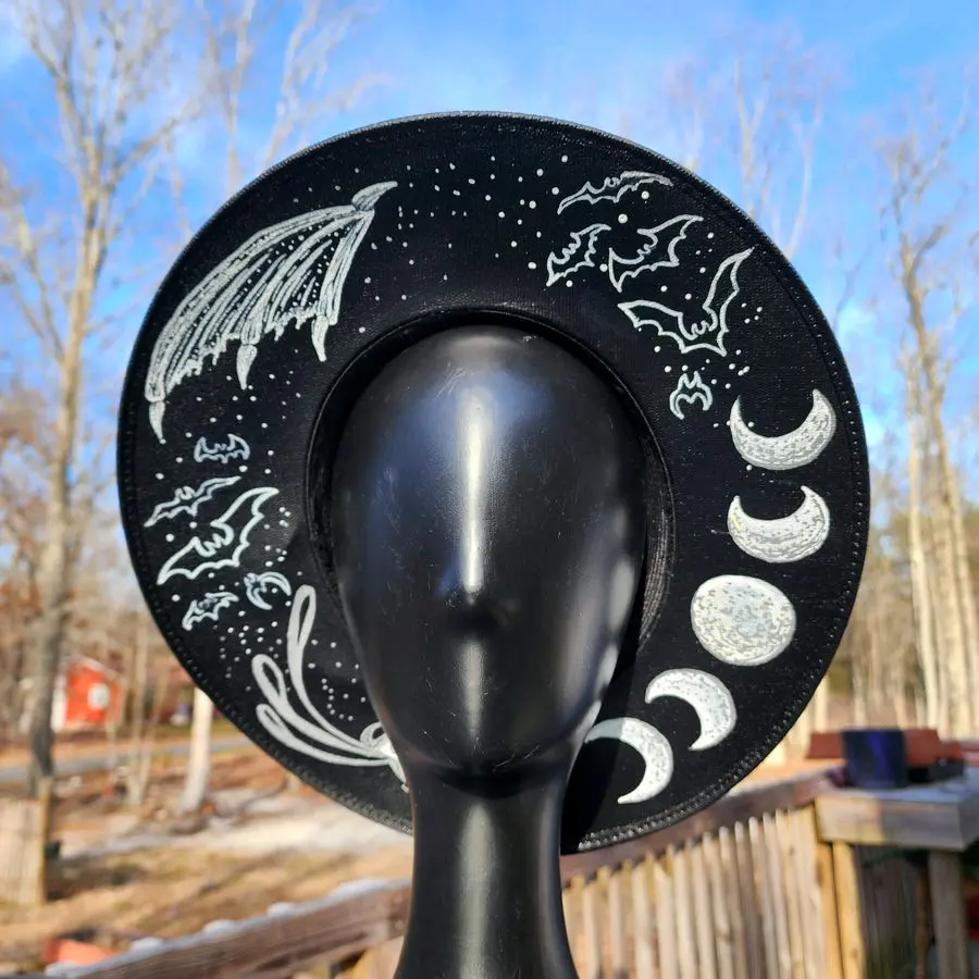 Gothic Black Bat Whimsygoth Canvas Sun Hat Wearable Art Hand Painted Alternative Fashion