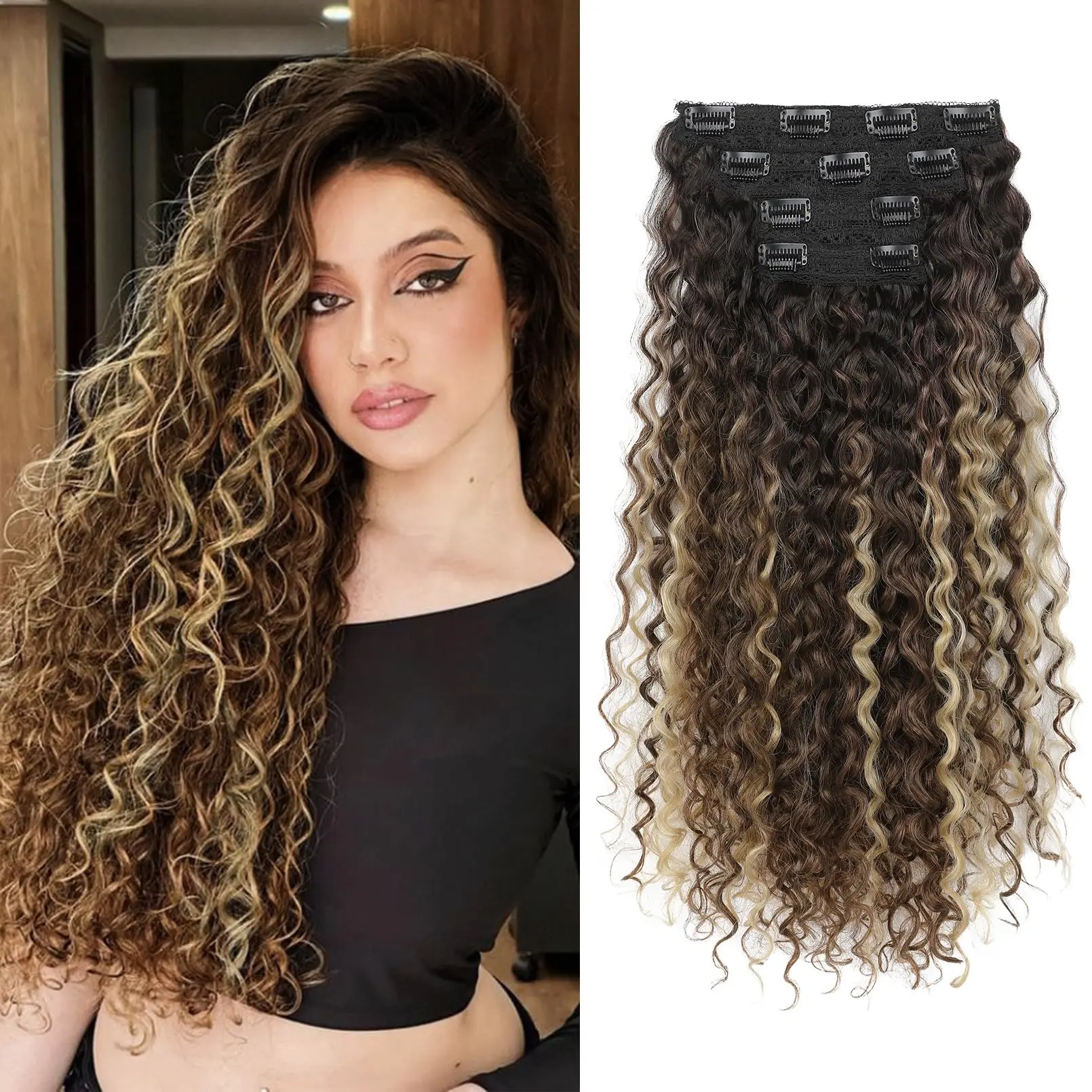AISI HAIR Extensiones de cabello sintético rizado con clip de 50 cm para mujer | Aspecto natural y volumen asequible | Varios tonos disponibles | Postizos ondulados de fácil aplicación