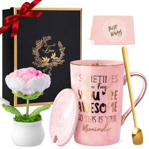Biching Handmade Bouquet & Reusable 14oz Ceramic Mug Gift Set - Printed Coffee Cup with Ergonomic Design, Dishwasher Safe for Daughter, Girlfriend (Gift-Giving, Home Supplies)