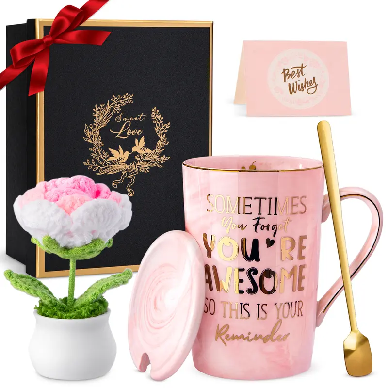 Biching Handmade Bouquet & Reusable 14oz Ceramic Mug Gift Set - Printed Coffee Cup with Ergonomic Design, Dishwasher Safe for Daughter, Girlfriend (Gift-Giving, Home Supplies)