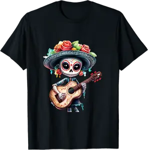 Sugar Skull Flowers Guitar Dia De Muertos Mexican Halloween T-Shirt - Jaredsab Shop 66B0DF4X8LGS