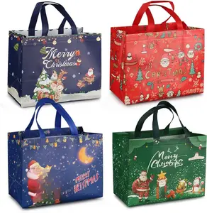 4PCS Christmas Tote Treat Non-Woven Gift Bags with Handles for Gifts Wrapping Shopping, Xmas Party Supplies, 12.8 * 9.8 * 6.7inch