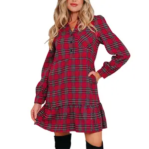 Asvivid Women's Classic Plaid Shirt Collar Half Button Ruffle Hem Long Sleeve Mini Dress for Casual Wear Christmas Holiday