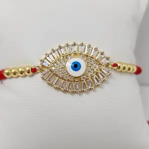14K Gold Laminated Adjustable Bracelet with Red Thread Elegant Sophisticated Evil Eye Charms Jewelry