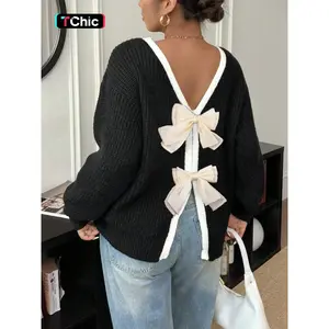 Women's Colorblock Bow Decor Contrast Binding Drop Shoulder Sweater, Elegant Long Sleeve Jumper for Fall & Winter, Fashion Ladies' Knitwear for Daily Wear Tops, Knit Sweater Clothing
