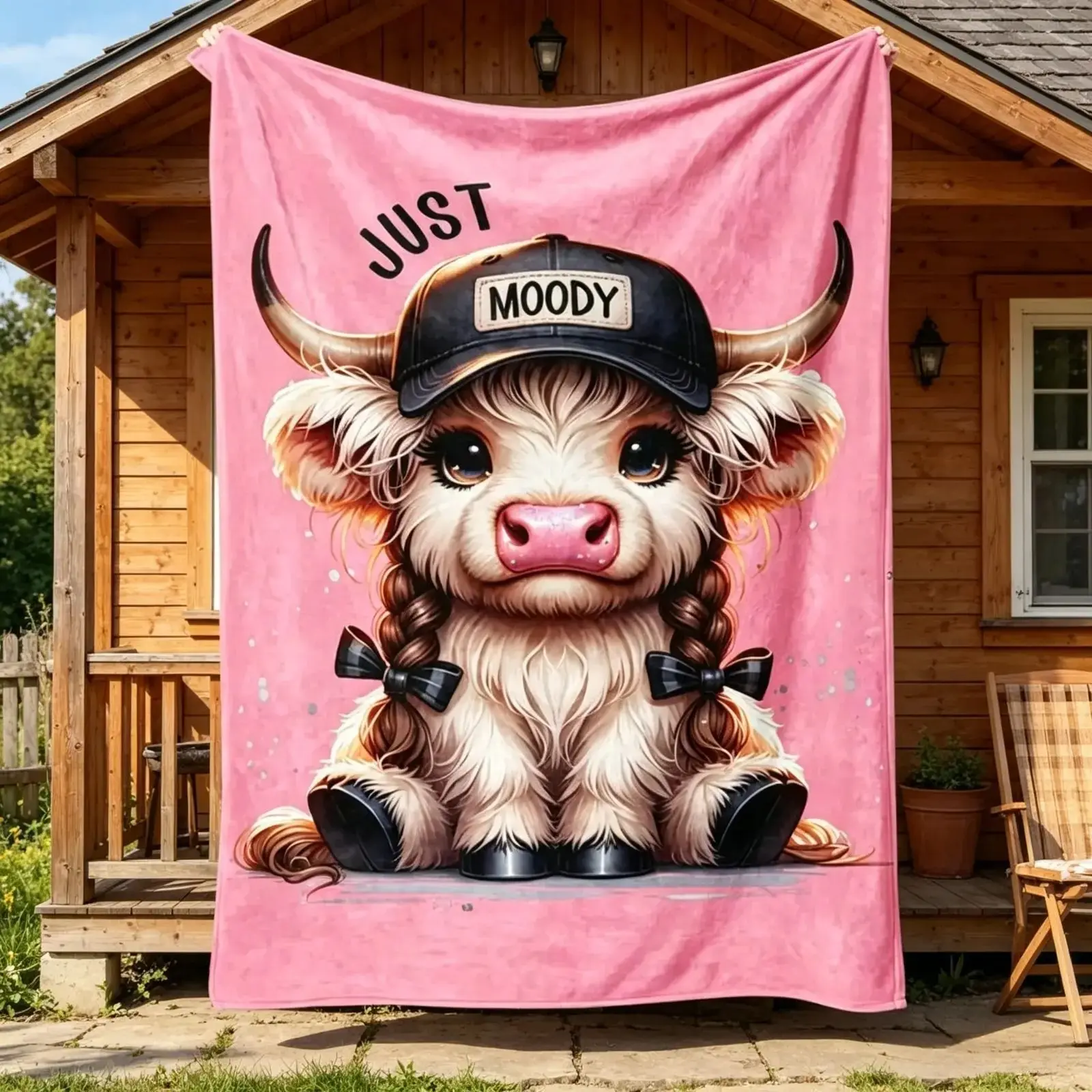Braided Highland Cow Fleece Throw Blanket, Just Moody Pink Coquette Aesthetic Soft Flannel Blanket for Teen Girls' Bedroom, Dorm Birthday Gift