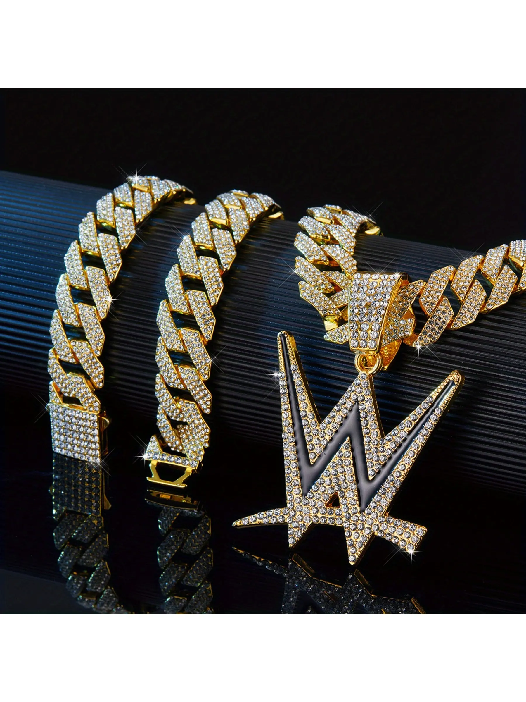 A set of W-shaped themed street hip-hop pendant necklace, boasting a sparkling Cuban chain with Cuban Link Design and a trendy vibe, perfectly suits both daily wear and party occasions for street fashion enthusiasts, Bling Necklace, Letter Necklace Set